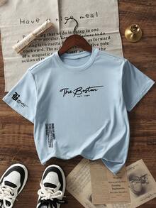 男童休闲印花圆领短袖T恤，夏季上衣 - 淺藍色 - 查看 2