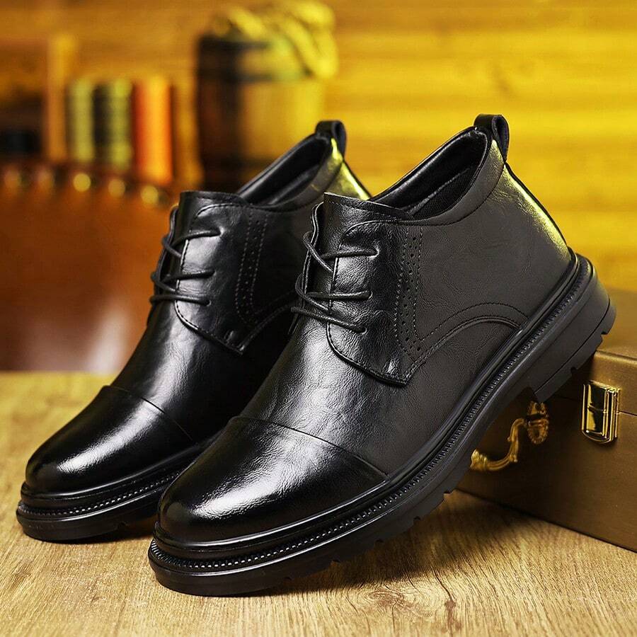 Classic Vintage Style Mens Oxford Shoes, Mid-Top Round Toe Comfortable Lace-Up Mens Casual Shoes, Autumn And Winter Outdoor Low Heels Shoes For Men - 黑色 - 查看 1