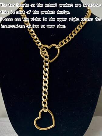 1pc Valentine's Day Punk Style Hollow Heart Chain Necklace, Alloy Gold-Tone Jewelry Gift Suitable For Casual, Party Wear Valentines