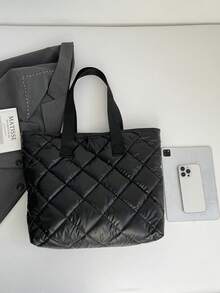 Túi Tote Nữ Dung Tích Lớn, Thiết Kế Chần Bông Họa Tiết Mới Màu Trơn, Túi Tote Đi Làm Cho Sinh Viên Đại Học, Túi Xách Tay & Túi Đeo Vai Dung Tích Lớn, Túi Tote Thêu Họa Tiết Ca Rô - màu đen - Xem 6