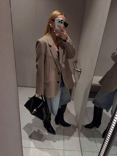Women's Oversized Houndstooth Plaid Blazer Jacket, Elegant Casual Loose Fit Blazer Coat, Versatile Checkered Long Sleeve Jacket With Button Front And Pockets