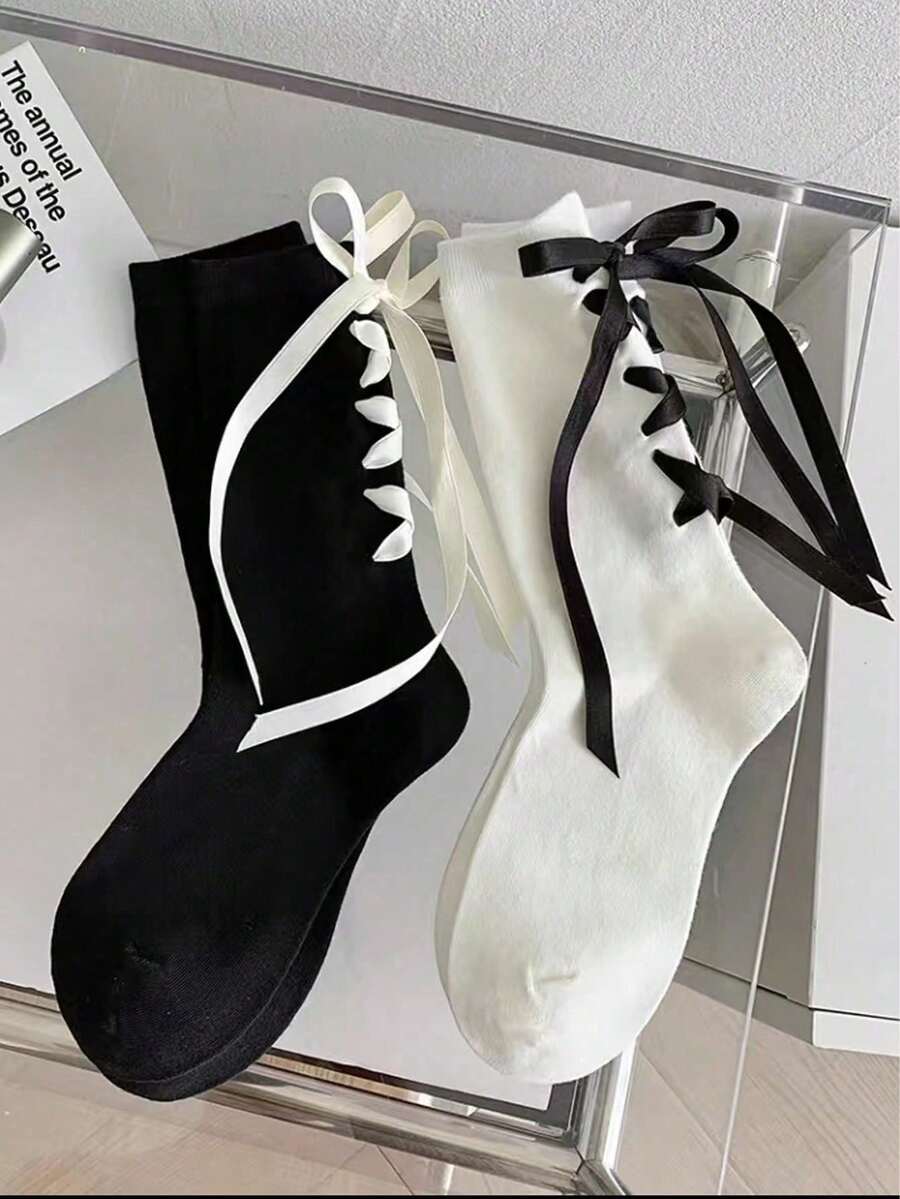 2/1 Pairs Women's Black And White Floral Lace Ribbon Bowknot Tie Mid-Calf Socks, Fall - Multicolor - View 1