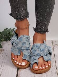 Blue Flat Flip Flops For Women, Bowknot Decor Suede Toe Strap, Fisherman Style Casual Beach Sandals, Summer New Flat Toe-Ring Slippers For Women - Blue - View 3