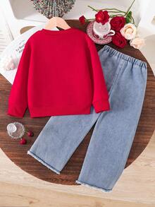少女樱桃刺绣贴片保暖圆领卫衣和樱桃刺绣牛仔裤 - 紅色 - 查看 2