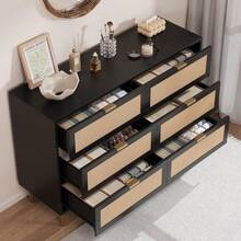 Rattan 6 Drawer Dresser For Bedroom, Modern Chest Of Drawers With Gold Legs And Gold Handles, Wide Double Dresser With Large Tabletop And Anti-Tipping Design For Bedroom Living Room - 黑色 - 查看 4