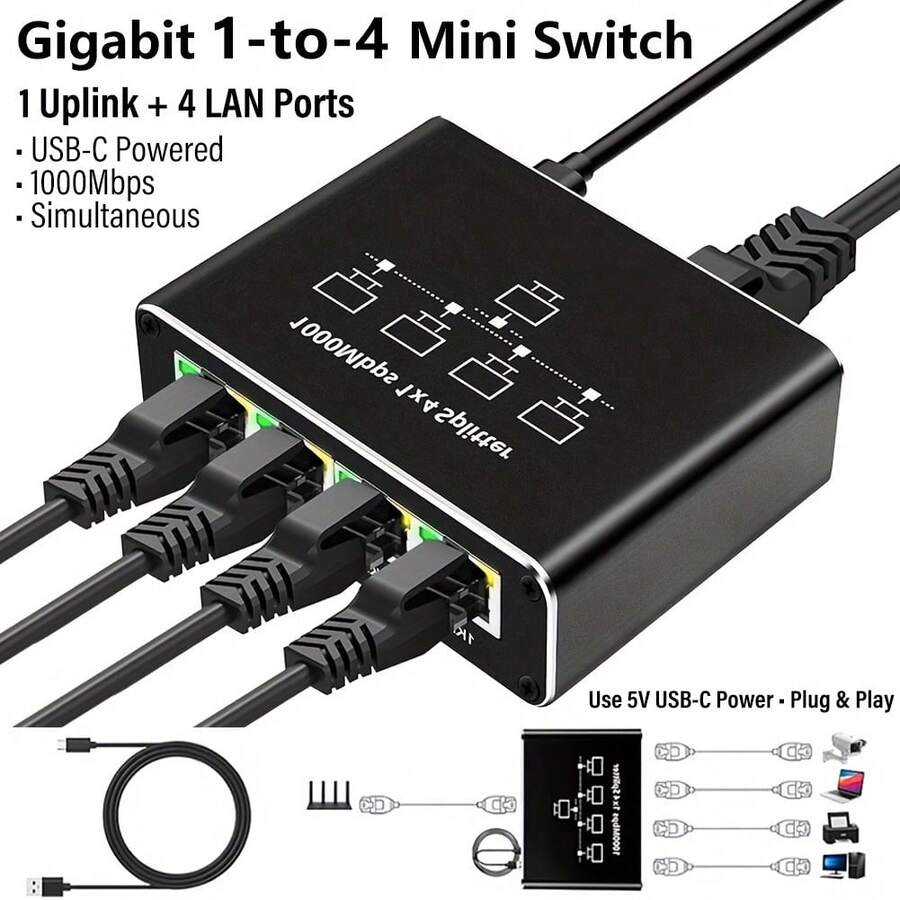 Gigabit Ethernet Switch 1-To-4 With USB-C Power, 1000Mbps RJ45 LAN, 1 Uplink 4 LAN Ports, Simultaneous Connection, Plug And Play, Compatible With Router PC Laptop Smart TV Gaming Console, Ideal For Home And Office - Black - View 1