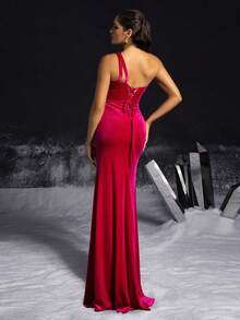 VIPGIRL Women's Elegant High Slit Asymmetric Shoulder Formal Evening Dress - Red - View 2