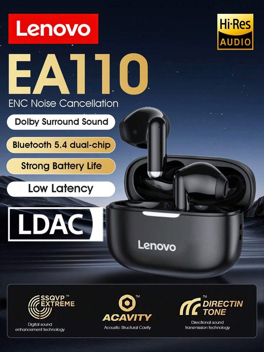 Lenovo EA110 Wireless Headphones, Bluetooth 5.4 , Half-In-Ear, 24H Battery,ENC Noise Cancelling, HiFi Sound, Touch Control For Sports And Daily Wear,Comfortable Fit,For Phone,PC