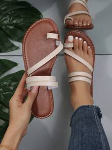 New Plus Size Women Comfortable Simple Round Toe Open Toe Flat Slippers Sandals, Casual Fashion Outdoor Vacation Beach Style Summer Shoes - Beige - View 1