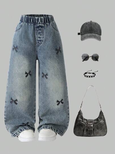 1件 女童户外休闲日常百搭可爱蝴蝶结复古雪花水洗浅蓝色直筒阔腿牛仔裤