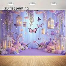 1 Pc, 2D Flat, Gorgeous Style Butterfly Party Backdrop, Polyester Material, Purple Background, Rectangular Photography Background, Bohemian Style, With Purple Butterflies And Flowers, Suitable For Birthday And Wedding Decoration, Living Room Bedroom Decoration, Office Decoration, Multi-Season Use, Gift Giving, Photo Booth Props, Multiple Size Options - Multicolor - View 9