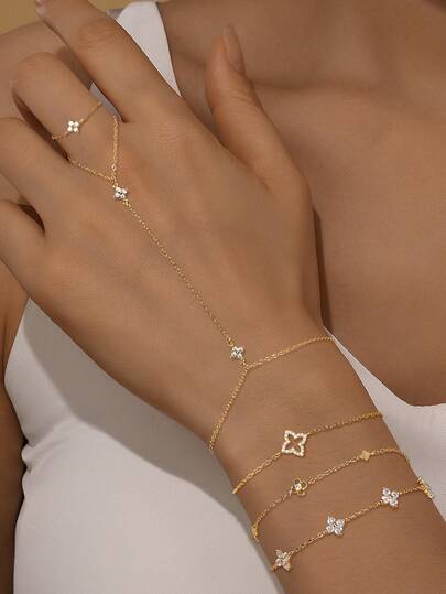 1 st 925 sterlingsilver enkel och estetisk fyrklöver kubisk zirkonia sammanhängande fingerringarmband hypoallergeniskt rent silver lämplig för kvinnor för dagligt, dejter, semester, bröllop, fest, högtidsgåva