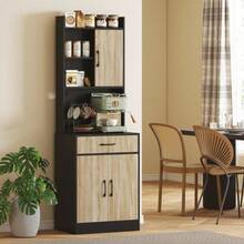 Kitchen Cabinet With Worktop And Cable Management, Modern Kitchen Chest Of Drawers With Drawer, 3 Open Shelves, Natural Wood, Black