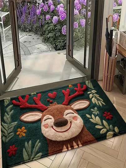 1pc New Winter Cute Smiling Deer Print Doormat, Uploaded Real Photos & Details, Suitable For Living Room, Bedroom, Indoor - Machine Washable - Flannel Material, Delicate Wrap, Skin-Friendly, No Pilling, Water-Resistant Easy Care, No Odor - Ideal For Home Decor, Room Decor, Living Room Carpet, Bedroom Carpet, Bathroom Carpet, Kitchen Carpet, Area Rug, Hotel Decor - Area Rug, All Season Use