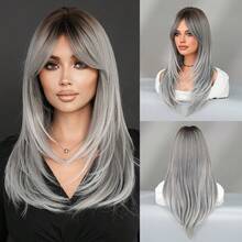 7JHH WIGS Elegant 24 Inch Gray Ombre Wigs For Women - Modest Fashion Long Layered Wig With Curtain Bangs Dark Roots, Heat-Resistant Full Machine Synthetic Fiber Hair Wigs For Daily Party Use Valentine's Day Present, Wig Accessories - 漸變灰色 - 查看 11