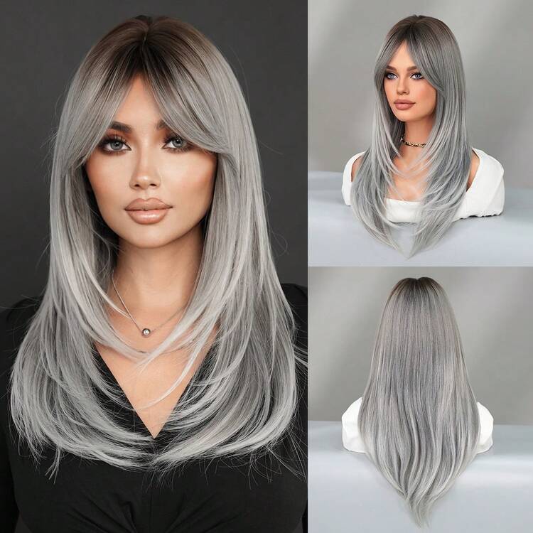 Elegant 24 Inch Gray Ombre Wigs For Women - Modest Fashion Long Layered Wig With Curtain Bangs Dark Roots, Heat-Resistant Full Machine Synthetic Fiber Hair Wigs For Daily Party Use Valentine's Day Present, Wig Accessories - 漸變灰色 - 查看 11