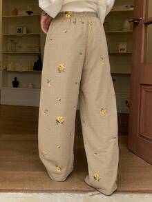 DAZY 女式棕色刺绣直筒裤，春季 - 卡其色 - 查看 3