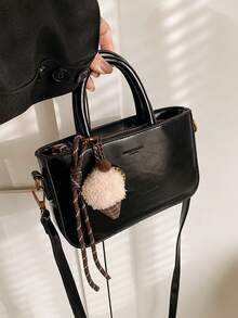 Autumn/Winter New Vintage Oiled Leather Burgundy & Black Handbag, Small Crossbody Bag For Women With Plush Pendant, Suitable For Daily Use, Shopping, Dating, Gift, Zipper Closure, Practical Phone Pouch, Letter Pattern Versatile Square Bag - Multicolor - View 9