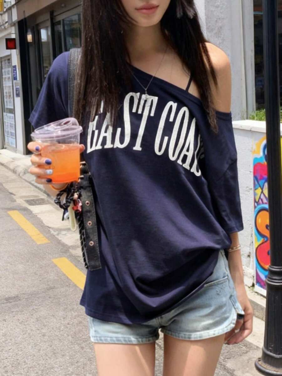 ARDOR S Y2K不对称肩部宽松字母印花T恤超大码春夏蓝色印花针织T恤上衣