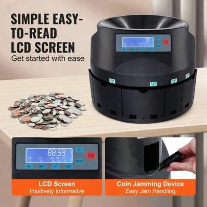 Portable US Dollar Coin Sorting Machine, Coin Counter, Packaging Machine And Rollers, Capable Of Processing 300 Coins Per Minute, With LCD Display.