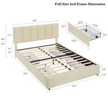 VECELO Double Bed Frame With 4 Storage Drawers, Upholstered Platform With Adjustable Velvet Headboard, Solid Wood Slat Support, No Box Spring Needed, Easy Assembly, Beige - Beis - Ver 10
