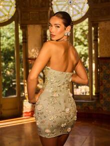 Faeriesty Đầm ngắn cúp ngực đính sequin hoa - Đầm dạ hội trang trọng thanh lịch dành cho nữ, hoàn hảo cho chụp ảnh cưới, dạ tiệc thảm đỏ, sự kiện cô dâu, tiệc tối trang trọng và các bữa tiệc sang trọng. Trang phục đón năm mới. - màu xanh lá - Xem 3