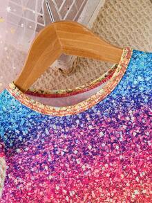 女婴休闲砖纹卡通美人鱼图案短袖连衣裙 - 彩色 - 查看 5