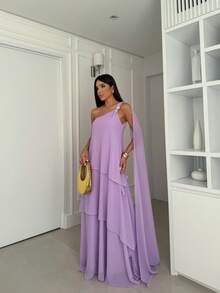 Elegant One-Shoulder Chiffon Party Dress With Detail, Perfect For A Bridesmaid At A Daytime Wedding. - 紫丁香 - 查看 3