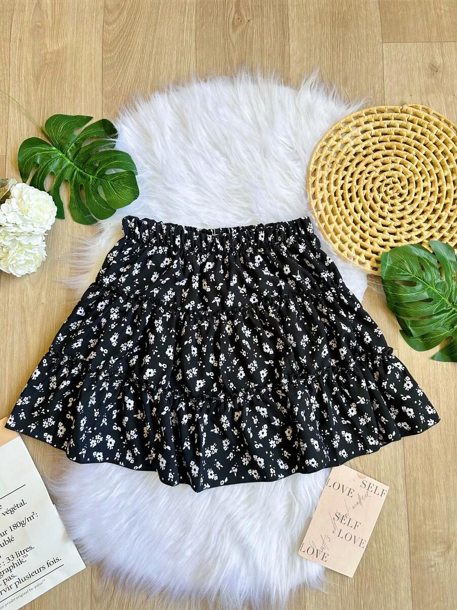 Girls Floral Print Skirts Dits Ruffle Hem SP033 - màu đen - Xem 1