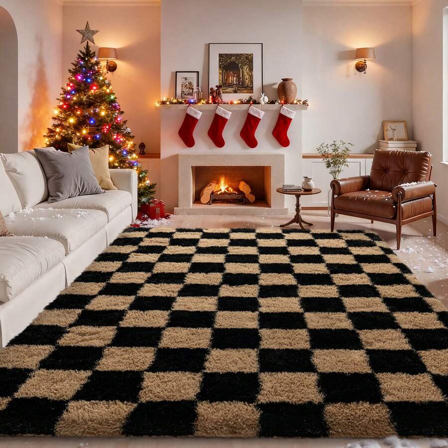 6x9 Area Rugs For Living Room Bedroom, Large Camel And Black Checkered Fuzzy Fluffy Shag Shaggy Carpet, Big Plush Soft Floor Rug For Kids Boys Girls Teen Room Dorm Office Nursery Home Decor Aesthetic - Lạc đà - Xem 1