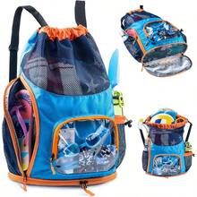 Mochila con cordn a prueba de, mochila de malla con compartimento para zapatos, bolsa de natacin para playa, piscina, bolsa de piscina con bolsillos para artculos de cambiador, bolsa hmeda - Azul-Naranja - Ver 2