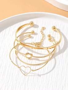 4pcs/Set Fashionable Zinc Alloy Heart & Knot Decor Bangle Women Daily Decoration - Yellow Gold - View 4