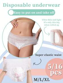 5/16 Stücke, Einweg-Unterwäsche, Schutzhose, praktisch und schnell, atmungsaktiv und bequem, 360° elastischer Bund, keine Einengung der Taille, starke Schweißaufnahme, auslaufsicher, geeignet für alle Körpertypen, geeignet für Reisen, Geschäftsreisen, Menstruation, Yoga und andere Situationen - Weiss - Übersicht 1