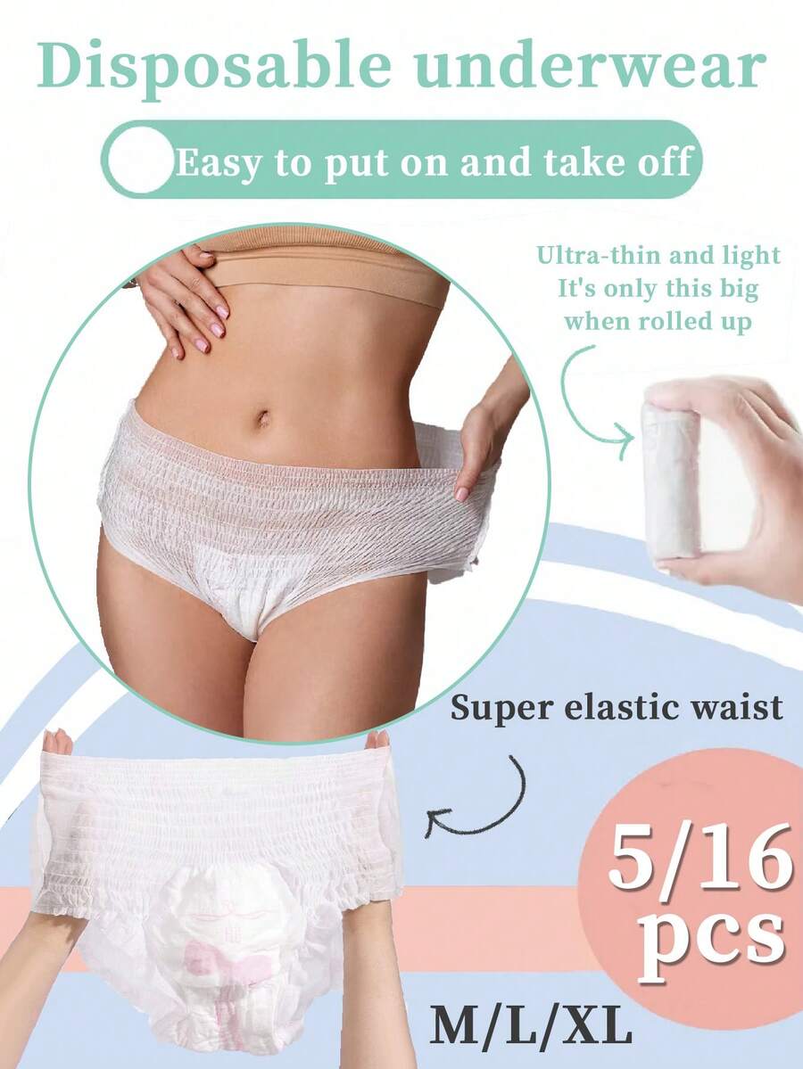 5/16 Stücke, Einweg-Unterwäsche, Schutzhose, praktisch und schnell, atmungsaktiv und bequem, 360° elastischer Bund, keine Einengung der Taille, starke Schweißaufnahme, auslaufsicher, geeignet für alle Körpertypen, geeignet für Reisen, Geschäftsreisen, Menstruation, Yoga und andere Situationen - Weiss - Übersicht 1