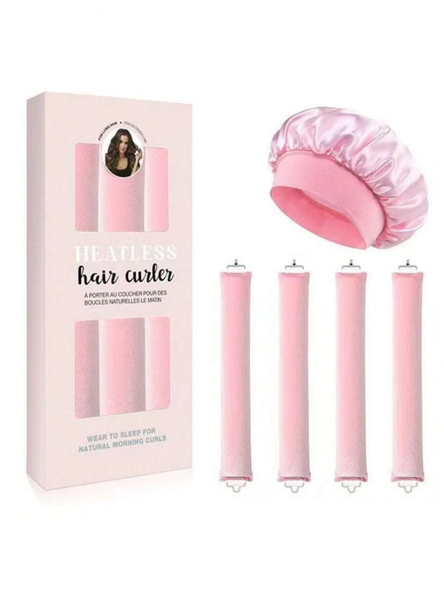 4件套卷发器套装，盒装设计，含睡眠帽，无需加热，方便实用，卷发工具，泡沫卷发器，睡眠造型工具，女士适用 - 粉色 - 查看 1
