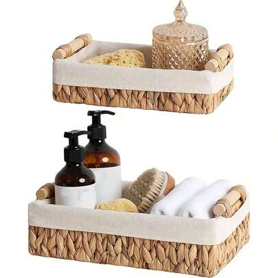 2pcs Water Hyacinth & Willow Basket Set, Rustic Bathroom Storage Baskets With Liners, Wooden Handle Toilet Paper Holder, Home Decor Storage Baskets, Storage, Makeup Organizer, Organizer Kitchen Accessories, Bohemian Rope Plant Pot Basket, Natural Mix Rattan Garden Decor, Metal Frame Boho Baskets For Outdoor Coastal Vibes, Geometric Basket