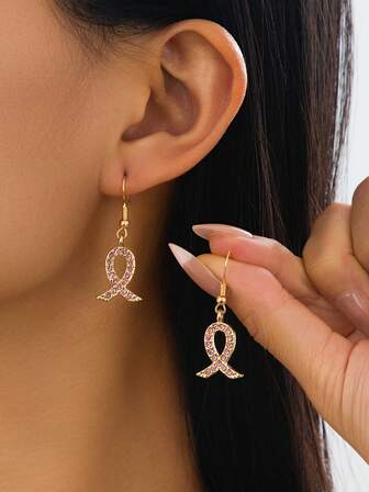 Pink Faux Gem Ribbon Bow Dangle Earrings, Elegant Fashion Accessories, Inspiring Gift For Breast Cancer Awareness