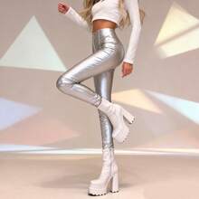 Shimmering Silver Women's Skinny Long Pants With Front Zipper Accent Sexy Polyester Blend Trousers - Bạc - Xem 6