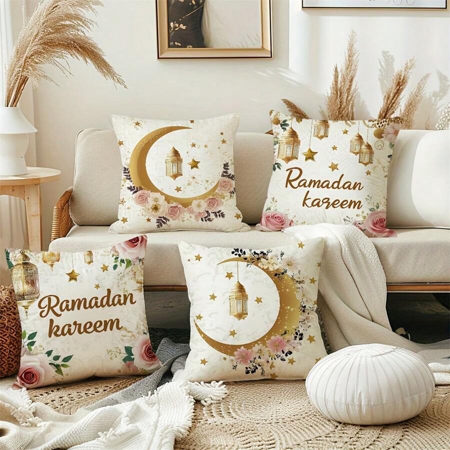 4pcs, Ramadan Throw Pillowcase, 18x18inch, Moon Star And Hanging Lamp Decorative Cushion Covers With Flowers Printed, Home Decor, For Sofa Bedroom Office Car Farmhouse Decor, Eid Mubarak Decor, Without Pillow Core - Multicolor - View 1