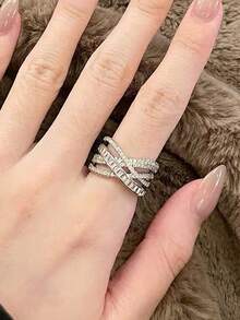 5pcs Luxury Exaggerated Super Shiny Cubic Zirconia Adjustable Open Ring Set, Suitable For Daily Fashion, Banquet, Party, Holiday Gift, Wedding Bride Wear - Silver - View 6