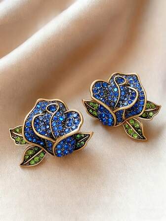 1 Pair Vintage Rhinestone Rose Flower Earrings, Fashionable & Versatile