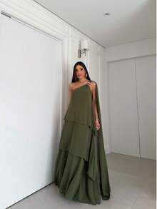 Elegant One-Shoulder Chiffon Party Dress With Detail, Perfect For A Bridesmaid At A Daytime Wedding. - Màu xanh Ô liu - Xem 1
