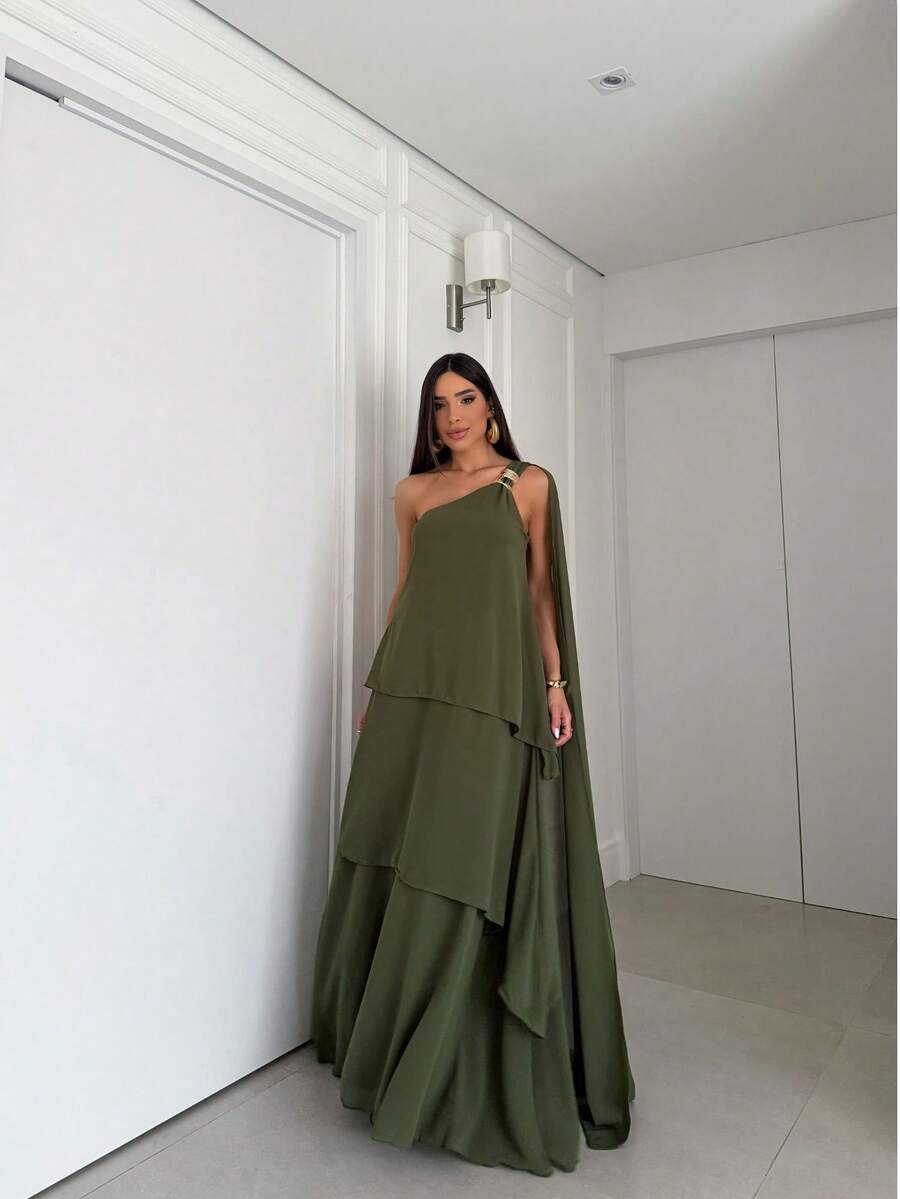 Elegant One-Shoulder Chiffon Party Dress With Detail, Perfect For A Bridesmaid At A Daytime Wedding. - Màu xanh Ô liu - Xem 1