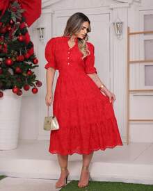 Women's Midi Dress With Embroidered Lace, All-Over Print, Embroidery, Button Detail, Ruffle Detail, Gathered Detail, Suitable For Formal And Evening Wear. - Red - View 2