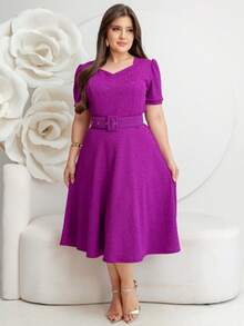 Vestido Moda Evangélica Jacquard com Relevo Saia Rodada Godê Manga Curta com Cinto - Novo Modelo - Roxo - Visão 5