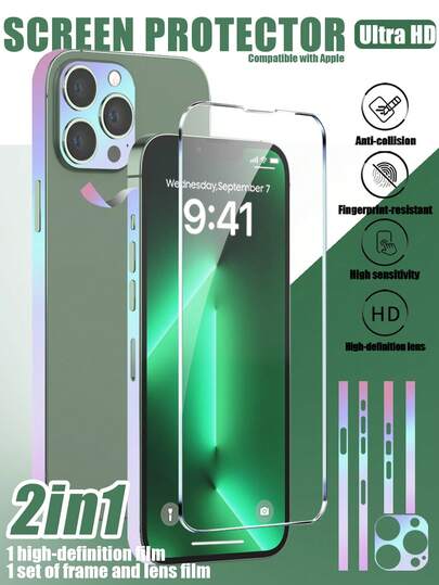 2-In-1: 1pc High-Definition Screen Protector Film And 1 Set Of Frame + Lens Protective Decorative Stickers With Luminous Effect. Ultra-HD Screen Faithfully Restores True Colors, Made Of Tempered Glass Material With High Hardness To Resist Impact And Scratches. Surface Coating Is Water-Resistant And Fingerprint-Proof. Perfect Fit Design Fully Covers The Screen. Compatible With IPhone