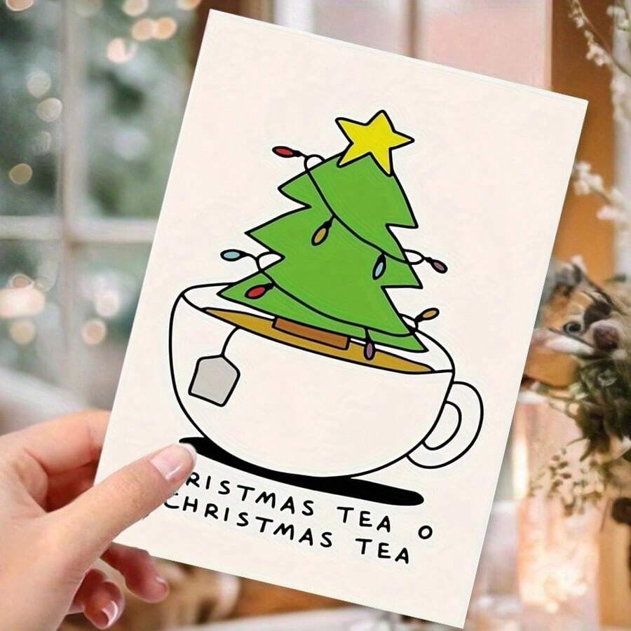 1pc Versatile Friendship Card - Playful Christmas Tree & Teacup Design - Suitable For Christmas, Corporate Supplies, Greeting Cards - Red Envelope - View 1
