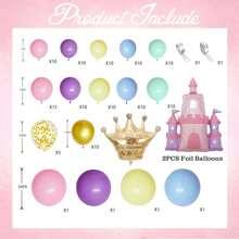 128pcs Cartoon Princess Castle Theme Balloon Arch Set, Includes 1 Castle & Crown Foil Balloons, Pink, Purple, Yellow, Blue, Gold & Multicolor Latex Balloons. Perfect For Birthday Party, Baby Shower, 1st Birthday, Proposal Decoration, And Sweet Princess Castle Theme Party - 彩色 - 查看 3