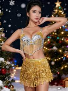 2 Pieces Set Women's Shiny Sequin Tassel Carnival Show Belly Dance Costume Bra Top With Tassel Sequin Waist Chain Set - Multicolor - View 3