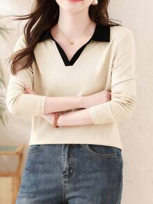 2025 Nueva camisa polo de manga larga con cuello vuelto de moda para mujer, para uso casual